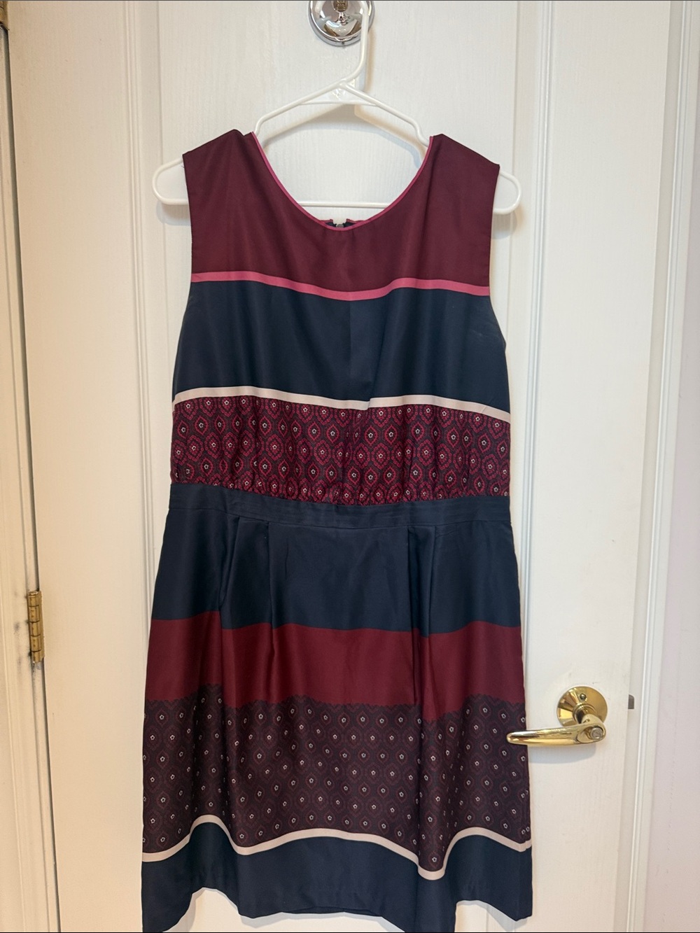 Women’s Sleeveless Navy and Burgundy Stripe Dress